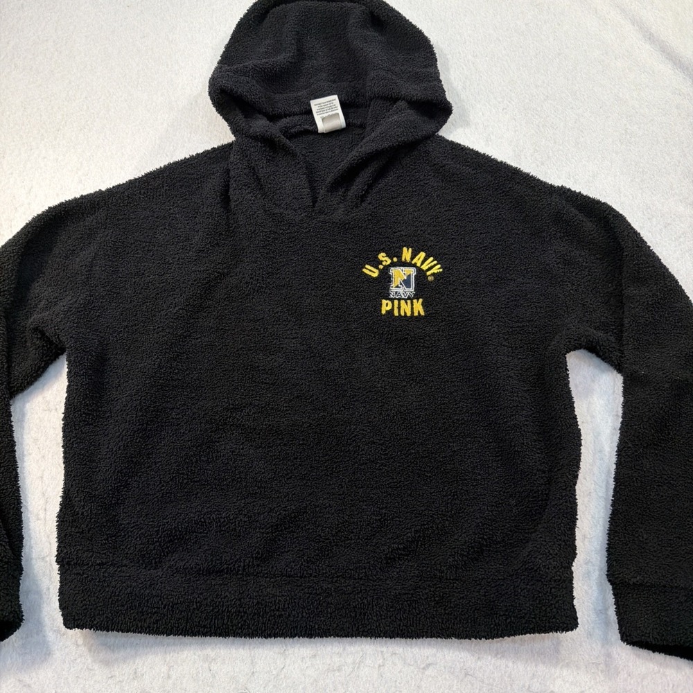 Victoria‎  Secret 5th & Ocean PINK U S Navy Black Hoodie XS Crop Fuzzy Cozy Y2K